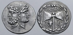 Islands off Troas, Tenedos AR Tetradrachm. Circa 160-70 BC. Janiform head of a laureate bearded male to left and female to right, wearing stephanos / ...