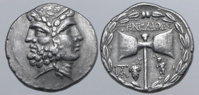 Islands off Troas, Tenedos AR Tetradrachm. Circa 160-70 BC. Janiform head of a laureate bearded male to left and female to right, wearing stephanos / ...