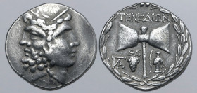Islands off Troas, Tenedos AR Tetradrachm. Circa 100-80 BC. Janiform head of a laureate bearded male to left and female to right, wearing stephanos / ...