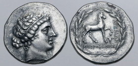 Aiolis, Kyme AR Tetradrachm. Circa 165-140 BC. Metrophanes, magistrate. Head of the Amazon Kyme to right, wearing tainia / Horse prancing to right; on...