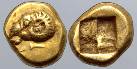 Lesbos, Mytilene EL 1/48 Stater. Circa 560-545 BC. Ram’s head to left; seal below / Quadripartite incuse square. Cf. Bodenstedt 20a/α (1/24 stater); c...