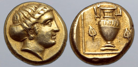 Lesbos, Mytilene EL Hekte. Circa 377-326 BC. Nymph head to right, hair in sphendone / Amphora flanked by two ivy leaves, all within linear square fram...