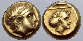 Lesbos, Mytilene EL Hekte. Circa 377-326 BC. Diademed head of youthful river-god to right, small horn over forehead / Head of nymph to right, hair bou...
