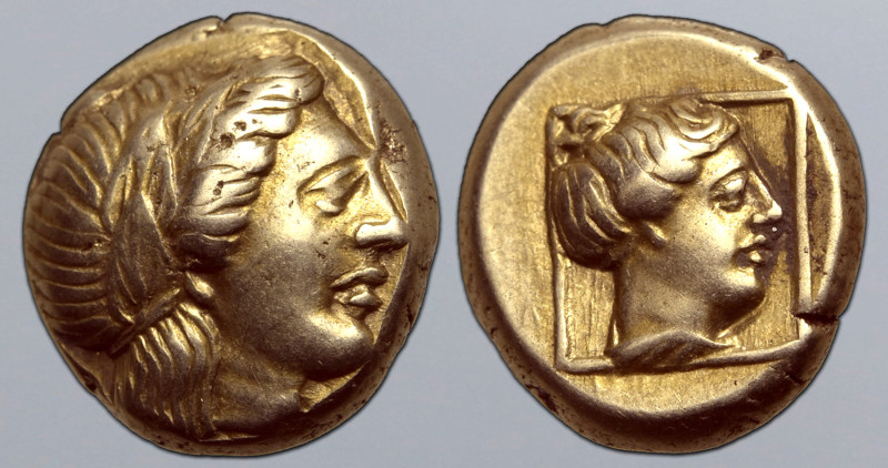 Lesbos, Mytilene EL Hekte. Circa 375-326 BC. Laureate head of Apollo to right / ...