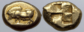 Mysia, Kyzikos EL Stater. Circa 550-500 BC. Sow standing to left; tunny fish to left below / Quadripartite incuse square. Von Fritze I 45; Greenwell 1...