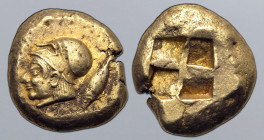 Mysia, Kyzikos EL Stater. Circa 550-500 BC. Helmeted head of Athena to left; tunny fish downward to right / Quadripartite incuse square. Von Fritze I ...