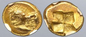 Mysia, Kyzikos EL Hekte. Circa 500-450 BC. Lion at bay to left, head facing and seen from above; tunny fish to left below / Quadripartite incuse squar...