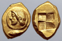Mysia, Kyzikos EL Hekte. Circa 500-450 BC. Head of ephebos to left on disk; tunny fish to left below / Quadripartite incuse square. Von Fritze I 105; ...