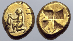 Mysia, Kyzikos EL Hekte. Circa 500-450 BC. Nude youth kneeling to left, holding tunny by its tail / Quadripartite incuse square. Von Fritze I 112; SNG...