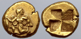 Mysia, Kyzikos EL Hekte. Circa 500-460 BC. Nike in kneeling-running stance to left, head to right, holding tunny fish by tail / Incuse mill-sail patte...