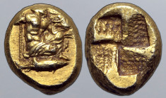 Mysia, Kyzikos EL Hekte. Circa 450-330 BC. Zeus kneeling to right, holding sceptre and extending arm, upon which eagle stands to right, open wings; tu...