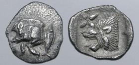 Mysia, Kyzikos AR Hemiobol. Circa 450-400 BC. Forepart of boar to left; tunny fish upwards behind / Head of roaring lion to left; star to upper left; ...