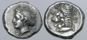 Mysia, Kyzikos AR Tetradrachm. Circa 390-340 BC. Head of Kore Soteira to left, two grain ears in hair, wearing sphendone covered with veil; ΣOTEIPA ab...