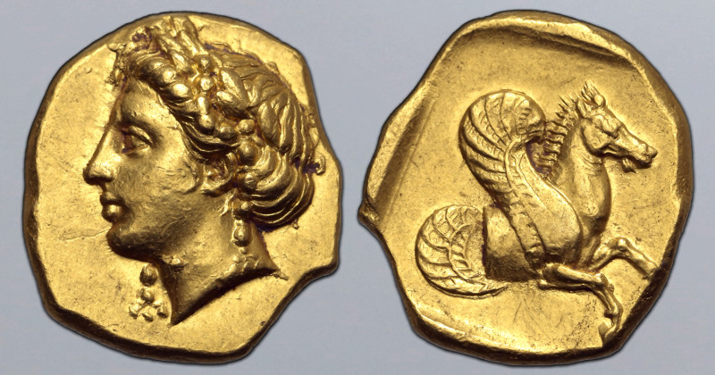 Mysia, Lampsakos AV Stater. Circa 370-350 BC. Head of Apollo to left, wearing la...