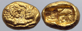 Kingdom of Lydia, temp. Kroisos AV 1/6 Stater. Light standard. Sardes, circa 550-520 BC. Confronted foreparts of lion and bull / Two incuse square pun...