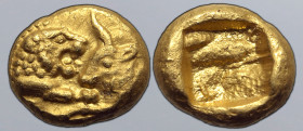 Kingdom of Lydia, temp. Kroisos AV 1/12 Stater. Light standard. Sardes, 550-520 BC. Confronted foreparts of lion and bull / Incuse square. GRPC Lydia ...