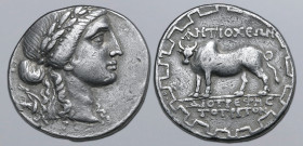 Karia, Antioch ad Maeandrum AR Tetradrachm. Circa 90-60 BC. Diotrephes, magistrate 'for the third time'. Laureate head of Apollo to right, with bow an...