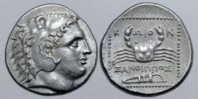 Islands of Karia, Kos AR Tetradrachm. Circa 280-250 BC. Xanthippos, magistrate. Head of Herakles to right, wearing lion skin headdress / Crab; KΩION a...