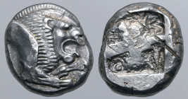 Karia, Mylasa AR Stater. Circa 520-490 BC. Forepart of a roaring lion to right / Divided incuse punch. HNO 1380 (temp.); SNG Kayhan 930 (Uncertain); K...