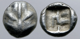 Rhodos, Kamiros AR Obol. Circa 500-460 BC. Aiginetic standard. Fig leaf / Rough incuse square. HNO 370 (temp., tritemorion); SNG Keckman 323-4; cf. BM...