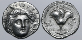 Rhodos, Rhodes AR Tetradrachm. Circa 230-205 BC. Ameinias, magistrate. Radiate head of Helios facing slightly to right / Rose with bud to right; POΔIO...