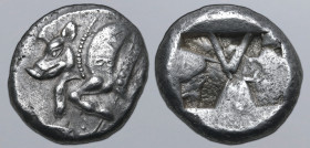 Dynasts of Lykia, uncertain dynast (Kybernis?) AR Stater. Circa 500-480 BC. 'Pre-dynastic' period. Forepart of boar to left; KYB on shoulder / Incuse ...