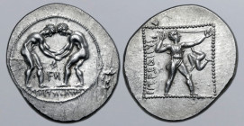 Pamphylia, Aspendos AR Stater. Circa 380-325 BC. Two wrestlers grappling; FN (partially retrograde) between, MENETYΣ EΛYΦA in exergue / Slinger in thr...