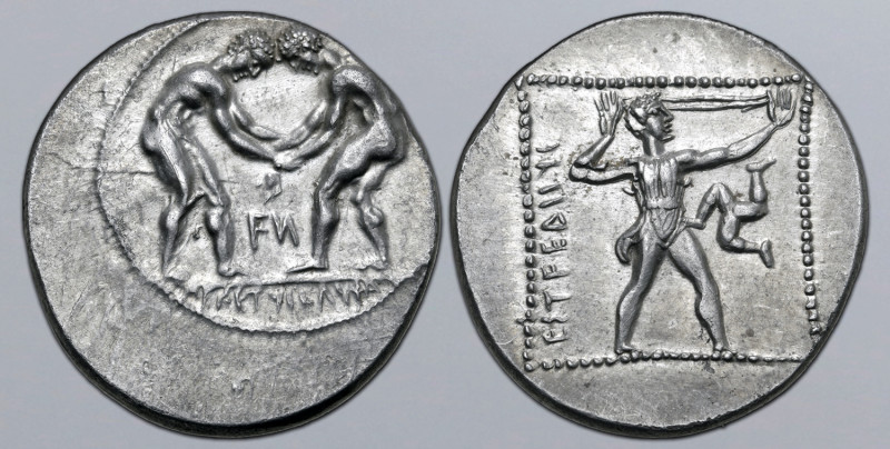 Pamphylia, Aspendos AR Stater. Circa 380-325 BC. Two wrestlers grappling; FN (pa...