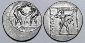 Pamphylia, Aspendos AR Stater. Circa 380-325 BC. Two wrestlers grappling; FN (partially retrograde) between, MENETYΣ EΛYΦA in exergue / Slinger in thr...