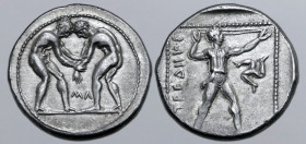 Pamphylia, Aspendos AR Stater. Circa 380-325 BC. Two wrestlers grappling; MΛ between / Slinger in throwing stance to right; [EΣ]TFEΔIIYΣ to left, tris...