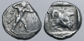 Cyprus, Kition AR Stater. Baalmelek II, circa 425-400 BC. Herakles in fighting stance to right, wearing lion skin upon his back and tied around neck, ...