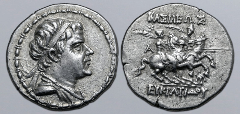 Greco-Baktrian Kingdom, Eukratides I Megas AR Drachm. Circa 170-145 BC. Diademed...