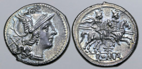 Star Series AR Denarius. Rome, 206-195 BC. Helmeted head of Roma to right; X (mark of value) behind / The Dioscuri, each holding spear, on horseback t...