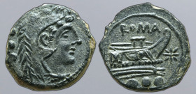 Imitative Star series Ӕ Quadrans. Uncertain mint, 2nd century BC. Head of Hercules to right; three pellets (mark of value) behind / Prow to right; ROM...