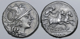 L. Saufeius AR Denarius. Rome, 152 BC. Helmeted head of Roma to right; X (mark of value) behind / Victory driving galloping biga to right, holding rei...