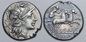 L. Saufeius AR Denarius. Rome, 152 BC. Helmeted head of Roma to right; X (mark of value) behind / Victory driving galloping biga to right, holding rei...