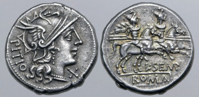 L. Sempronius Pitio AR Denarius. Rome, 148 BC. Helmeted head of Roma to right; PITIO downwards behind, X (mark of value) below chin / The Dioscuri, ea...