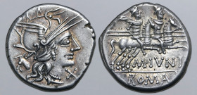 M. Junius AR Denarius. Rome, 145 BC. Head of Roma to right, wearing winged helmet; ass's head behind, X (mark of value) below chin / The Dioscuri gall...