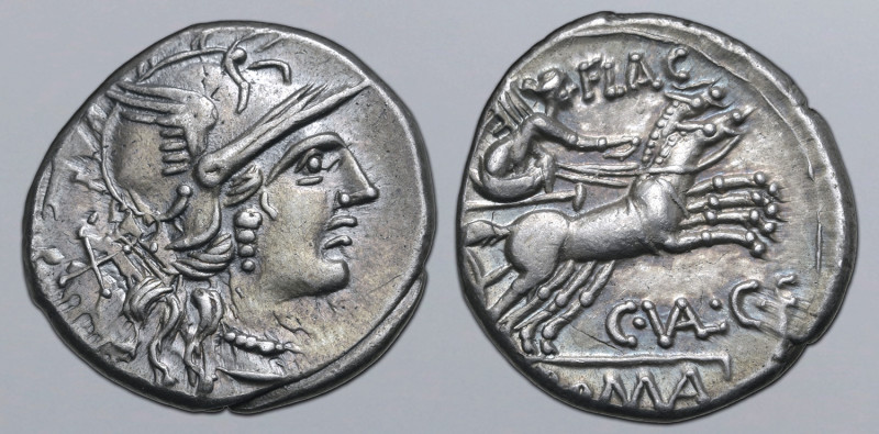 C. Valerius C.f. Flaccus AR Denarius. Rome, 140 BC. Helmeted head of Roma to rig...