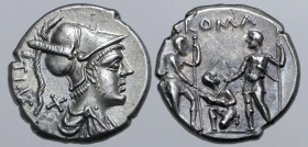 Ti. Veturius AR Denarius. Rome, 137 BC. Helmeted and draped bust of Mars to right; TI•VET (partially ligate) downwards and X (mark of value) behind / ...