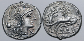 Sex. Pompeius Fostlus AR Denarius. Rome, 137 BC. Helmeted head of Roma to right; capis to left, mark of value below chin / She-wolf standing to right,...