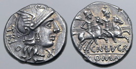 Cn. Lucretius Trio AR Denarius. Rome, 136 BC. Helmeted head of Roma to right; TRIO downwards behind, X (mark of value) below chin / The Dioscuri, each...