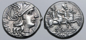 Cn. Lucretius Trio AR Denarius. Rome, 136 BC. Helmeted head of Roma to right; TRIO downwards behind, X (mark of value) below chin / The Dioscuri, each...