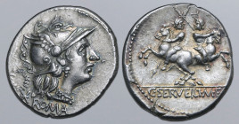 C. Servilius M. f. AR Denarius. Rome, 136 BC. Helmeted head of Roma to right; wreath and mark of value behind, ROMA below / The Dioscuri galloping in ...