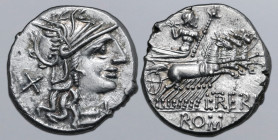 L. Trebanius AR Denarius. Rome, 135 BC. Helmeted head of Roma to right; X (mark of value) behind / Jupiter driving galloping quadriga to right, holdin...