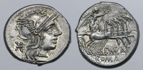 P. Maenius Antiaticus M. f. AR Denarius. Rome, 132 BC. Helmeted head of Roma to right; mark of value behind / Victory driving quadriga to right, holdi...