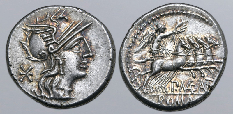 P. Maenius Antiaticus M. f. AR Denarius. Rome, 132 BC. Helmeted head of Roma to ...