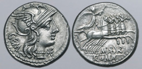 M. Aburius M. f. Geminus AR Denarius. Rome, 132 BC. Helmeted head of Roma to right; GEM behind, mark of value below chin / Sol driving galloping quadr...