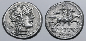 Q. Philippus AR Denarius. Rome, 129 BC. Helmeted head of Roma to right; mark of value behind / Macedonian horseman riding to right; Macedonian helmet ...