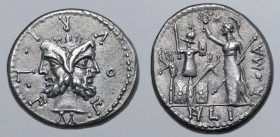 M. Furius L. f. Philus AR Denarius. Rome, 119 BC. M•FOVRI•L•F, laureate head of Janus / Roma standing to left, holding wreath and sceptre; to left, tr...